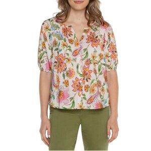 Liverpool LA Shirred Floral Short Sleeve Button-Up Shirt